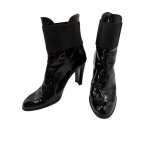 Stuart Weitzman Black Patent Leather Ankle Boots Elastic Chunky Heel Size 9